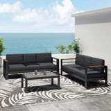 Giovanna Outdoor Aluminum 6 Seater Chat Set with Water Resistant Cushions, Black, Natural, and Dark Gray Noble House