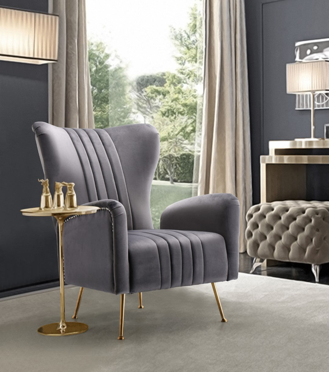 Opera Gray Velvet Accent Chair - Thumbnail 4