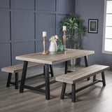 Noble House Jubilee Modern Industrial 3 Piece Acacia Wood Picnic Dining Set with Benches, Sandblasted Light Gray and Black Rustic Metal