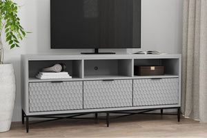 Milo TV Console in Light Slate Grey – Stylish Mahogany Storage with Textured Drawers & Open Shelves