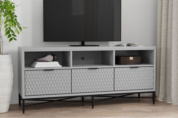 Milo TV Console in Light Slate Grey – Stylish Mahogany Storage with Textured Drawers & Open Shelves