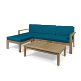 Noble House Santa Ana Outdoor 3 Seater Acacia Wood Sofa Sectional with Cushions, Light Brown and Dark Teal