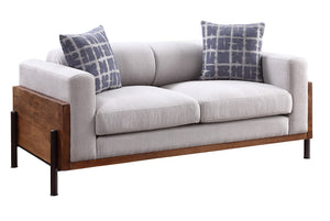 Pelton Contemporary/Industrial Loveseat with 2 Pillows Beige Fabric (cc#) • Walnut Wood Panel • Iron Leg 54891-ACME