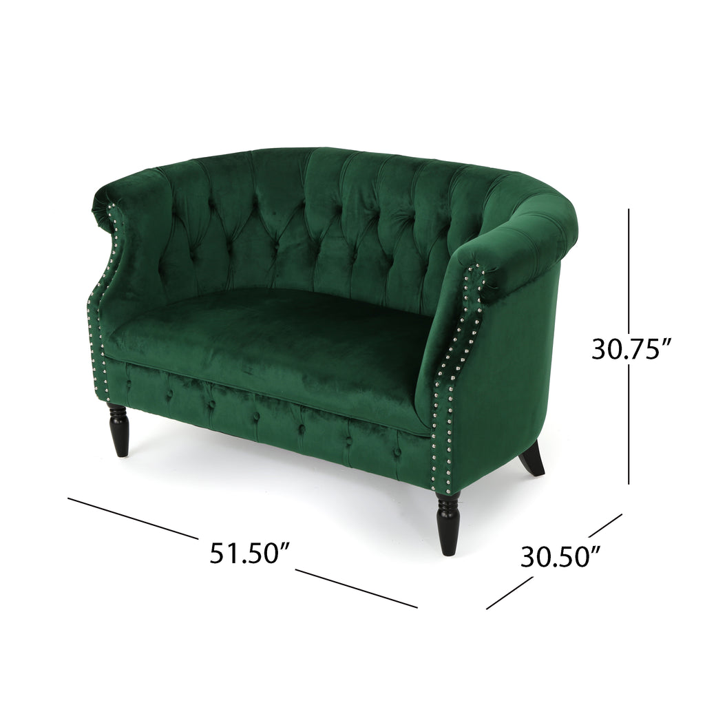 Milani Tufted Chesterfield Velvet Loveseat with Scrolled Arms, Emerald and Dark Brown Noble House