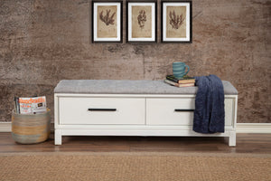 Nova Bench in Elegant Chalk White - Fully Assembled Mahogany with Tufted Cushion & Dovetail Drawers