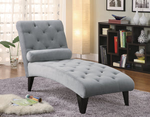 Contemporary Grey Tufted Chaise Lounge with Bolster Pillow – Luxurious Velour for Modern Comfort