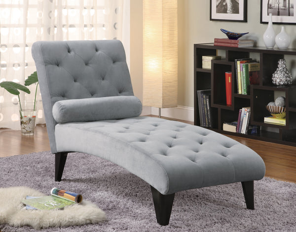 Contemporary Grey Tufted Chaise Lounge with Bolster Pillow – Luxurious Velour for Modern Comfort