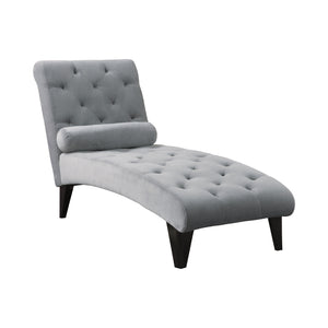 Contemporary Grey Tufted Chaise Lounge with Bolster Pillow – Luxurious Velour for Modern Comfort