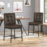 Commonwealth Industrial Modern 24" Counter Stool with Faux Leather Backing and Metal Pipe Base, Dark Brown and Black Finish Noble House