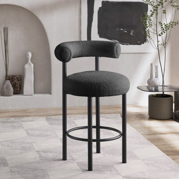 Bordeaux Boucle Fabric / Iron / Wood / Foam Contemporary Black Boucle Fabric Stool - 23" W x 22" D x 35.5" H