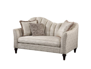 Athalia Vintage Loveseat with 3 Pillows Shimmering Pearl Fabric (PI XU020-4$3041-71E) • Wood Leg 55306-ACME