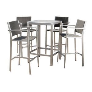 Noble House Cape Coral Outdoor 5 Piece Grey Wicker Bar Set with Glass Table Top