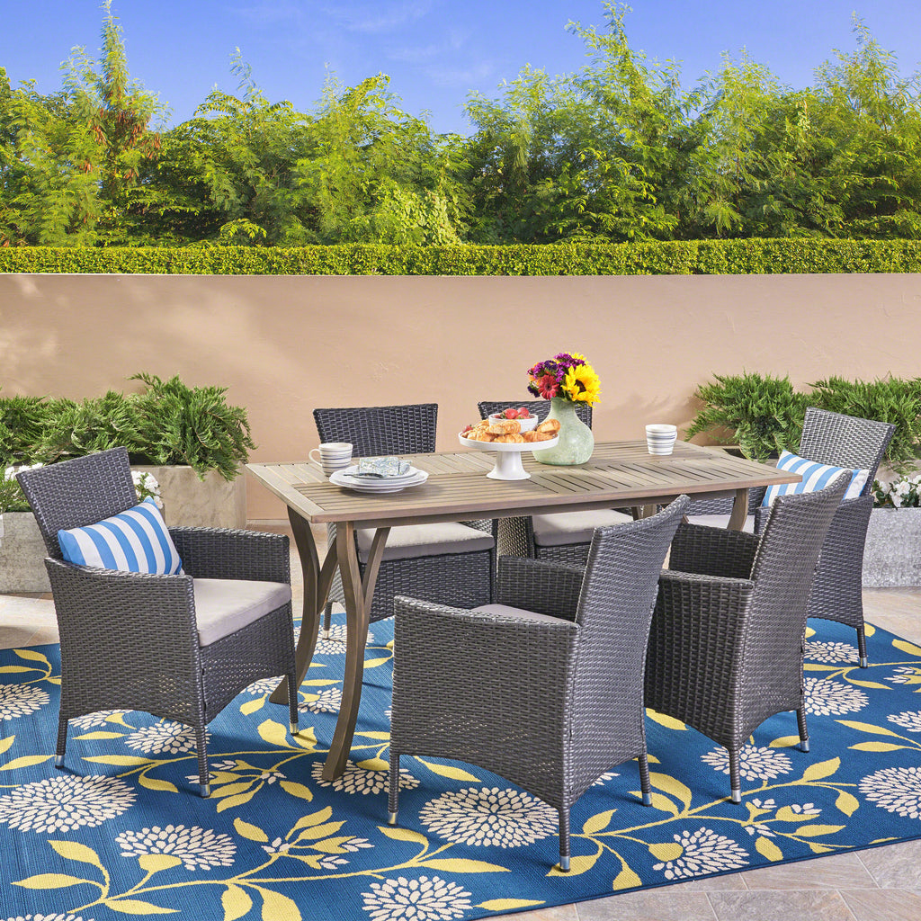 Bennett Outdoor 7 Piece Wood and Wicker Dining Set, Gray and Gray Noble House