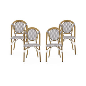 Noble House Remi Outdoor French Bistro Chairs (Set of 4), Gray, White, and Bamboo Finish