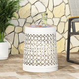 Noble House Cranbrook Outdoor Lace Cut Side Table with Tile Top, White and Multi-Color