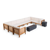Malawi Outdoor U-Shaped Sectional Sofa Set with Fire Pit - 12-Piece 10-Seater - Acacia Wood - Outdoor Cushions - Teak with Beige and Dark Gray