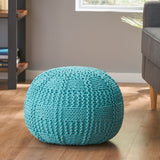 Hortense Modern Knitted Cotton Round Pouf, Blue Noble House