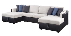 Merill Contemporary Sectional Sofa with Sleeper Beige Fabric - Seat/Inside Back & Arm (Nappa-G03 Beige) • Black PU - Base/Outside Back & Arm (PU-0103 Black) • Pillows (PI# F100-13 Gray 4Pc,  #F100-17 Blue 2Pc) 56015-ACME