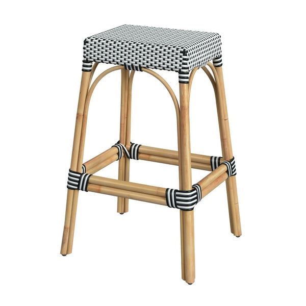 Butler Specialty Robias Rectangular Rattan 30" Bar Stool XRT White/Black Dot/ Natural Rattan Frame Natural Rattan and Synthetic weave 5604295-BUTLER
