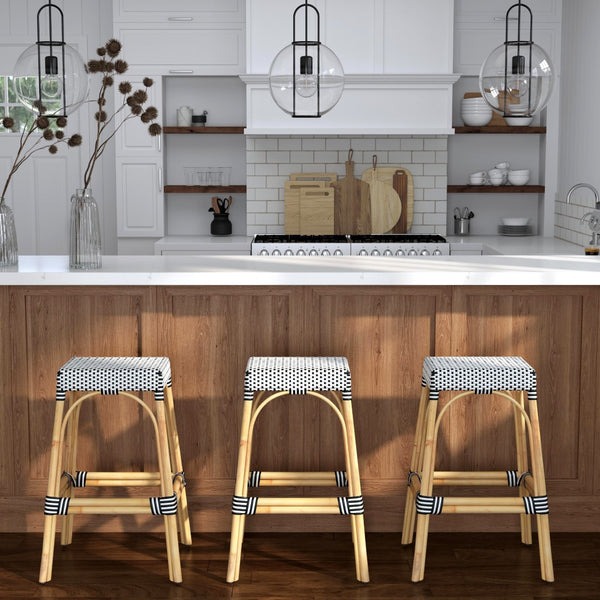 Butler Specialty Robias Rectangular Rattan 30" Bar Stool XRT White/Black Dot/ Natural Rattan Frame Natural Rattan and Synthetic weave 5604295-BUTLER