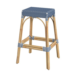 Butler Specialty Robias Rectangular Rattan 30" Bar Stool XRT Blue/White Dot / Natural Rattan Frame Natural Rattan and Synthetic weave 5604303-BUTLER