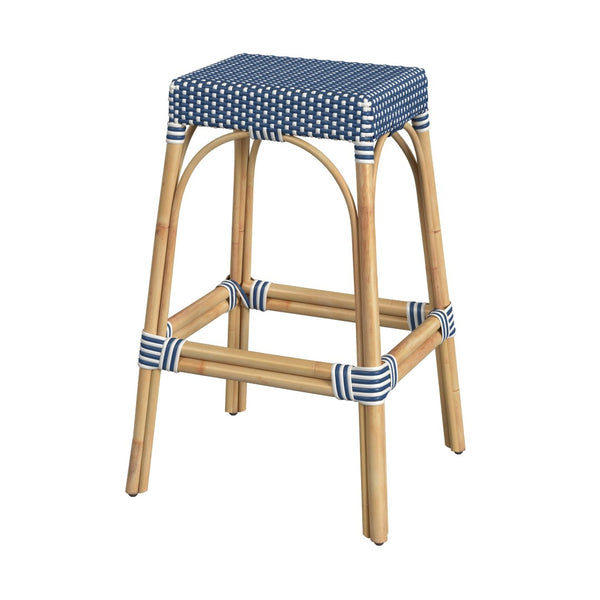 Butler Specialty Robias Rectangular Rattan 30" Bar Stool XRT Blue/White Dot / Natural Rattan Frame Natural Rattan and Synthetic weave 5604303-BUTLER