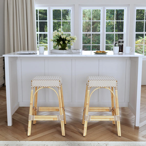Butler Specialty Robias Rectangular Rattan 30" Bar Stool XRT White/Tan Dot / Natural Rattan Frame Natural Rattan and Synthetic weave 5604415-BUTLER