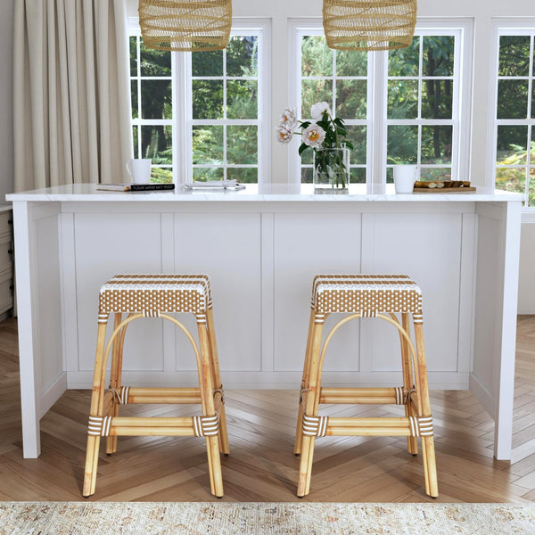 Butler Specialty Robias Rectangular Rattan 30" Bar Stool XRT Tan/White Stripe/ Natural Rattan Frame Natural Rattan and Synthetic weave 5604984-BUTLER