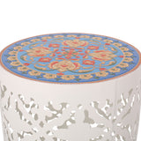 Castana Outdoor Lace Cut Side Table with Tile Top, White and Multi-Color Noble House