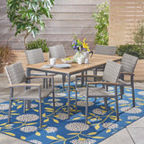 Noble House Fiddle Outdoor 7 Piece Aluminum and Wicker Dining Set with Wood Top, Natural Finish and Gray