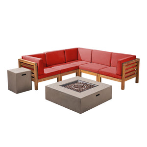 Noble House Oana Outdoor V-Shaped Sectional Sofa Set with Fire Pit - 7-Piece 5-Seater - Acacia Wood - Outdoor Cushions - Teak with Red and Light Gray