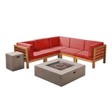 Oana Outdoor V-Shaped Sectional Sofa Set with Fire Pit - 7-Piece 5-Seater - Acacia Wood - Outdoor Cushions - Teak with Red and Light Gray