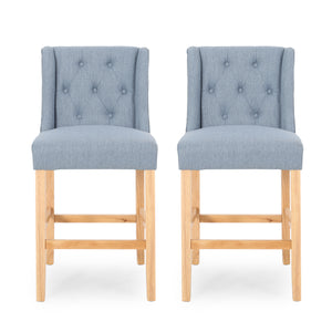 Noble House Landria Button Tufted Fabric Wingback Counterstool (Set of 2), Light Blue and Natural