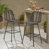 Sawtelle Outdoor Wicker Barstools, Gray and Black Noble House