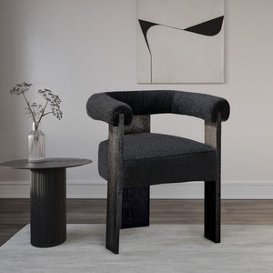 Barrel Boucle Fabric / Rubberwood / Foam Mid-Century Black Boucle Fabric Dining Chair - 27.5" W x 24" D x 28" H