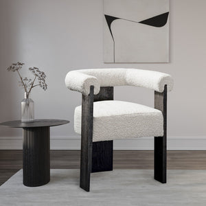 Barrel Boucle Fabric / Rubberwood / Foam Mid-Century Cream Boucle Fabric Dining Chair - 27.5" W x 24" D x 28" H