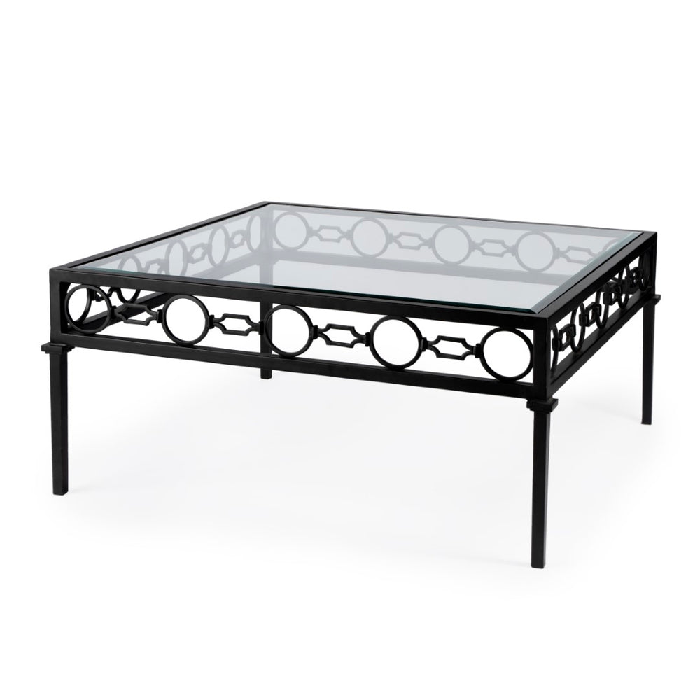 Butler Specialty Southport Iron Upholstered Outdoor Coffee Table XRT Black Iron, Clear Glass 5663437-BUTLER