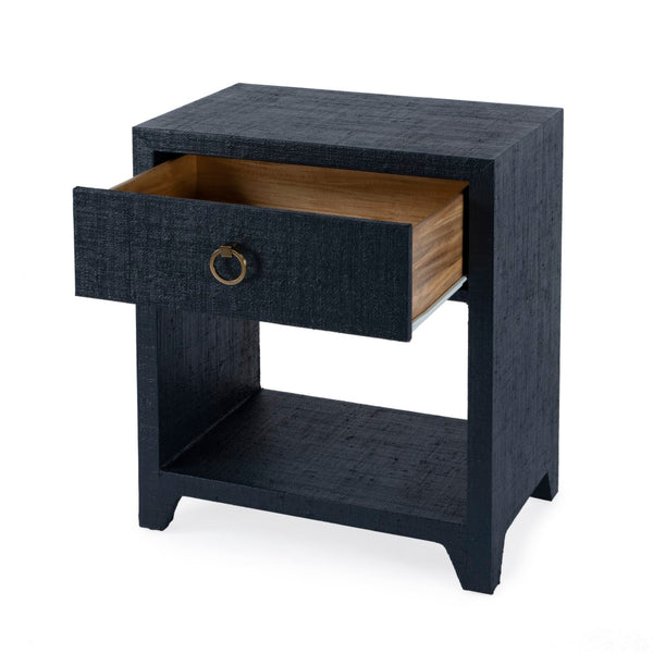 Butler Specialty Bar Harbor Raffia 1 Drawer Nighstand XRT Dark Navy Raffia Gmelina Solids, MDF, Oak Veneer, Saguran and Zinc Handle 5669410-BUTLER