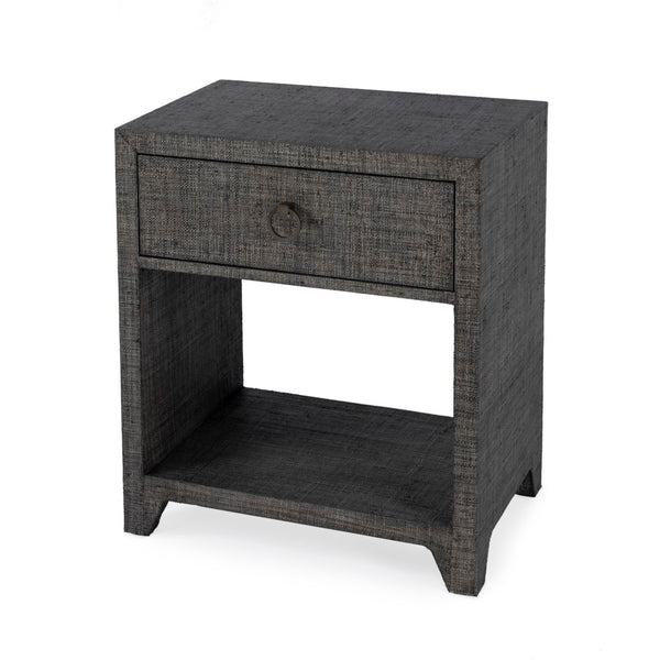 Butler Specialty Bar Harbor Raffia 1 Drawer Nighstand XRT Charcoal Raffia Gmelina Solids, MDF, Oak Veneer, Saguran and Zinc Handle 5669420-BUTLER
