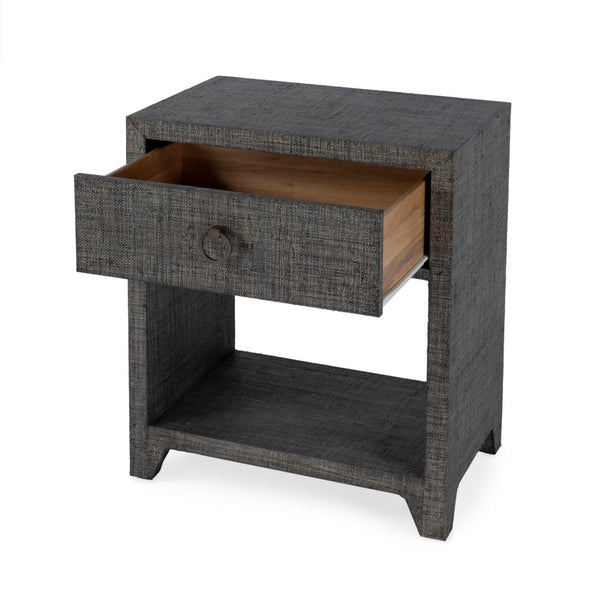 Butler Specialty Bar Harbor Raffia 1 Drawer Nighstand XRT Charcoal Raffia Gmelina Solids, MDF, Oak Veneer, Saguran and Zinc Handle 5669420-BUTLER