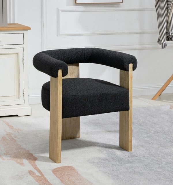 Barrel Boucle Fabric / Rubberwood / Foam Mid-Century Black Boucle Fabric Dining Chair - 27.5" W x 24" D x 28" H
