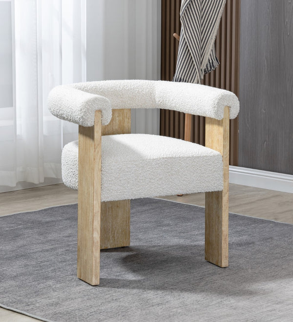 Barrel Boucle Fabric / Rubberwood / Foam Mid-Century Cream Boucle Fabric Dining Chair - 27.5" W x 24" D x 28" H