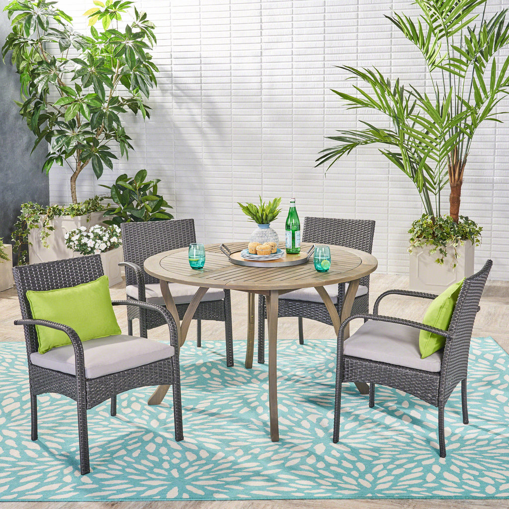 Noble House Chilton Outdoor 5 Piece Acacia Wood and Wicker Dining Set, Gray with Gray Chairs