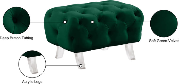 Crescent Velvet / Wood / Acrylic Contemporary Green Velvet Ottoman - 30" W x 18" D x 18" H
