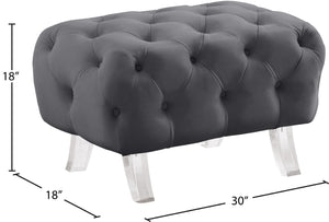Crescent Velvet / Wood / Acrylic Contemporary Grey Velvet Ottoman - 30" W x 18" D x 18" H