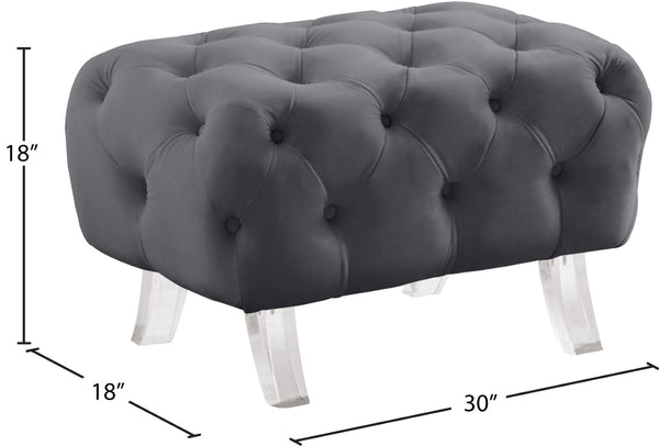 Crescent Velvet / Wood / Acrylic Contemporary Grey Velvet Ottoman - 30" W x 18" D x 18" H