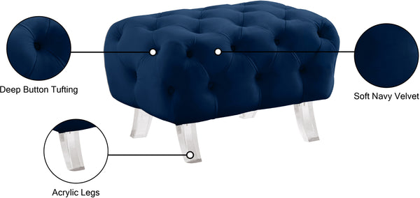 Crescent Velvet / Wood / Acrylic Contemporary Navy Velvet Ottoman - 30" W x 18" D x 18" H