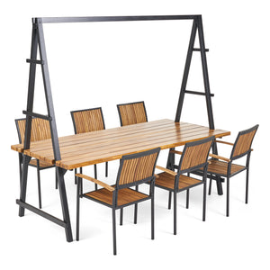 Noble House Andrea Outdoor 6 Seater Acacia Wood and Iron Planter Dining Set, Teak Finish and Black