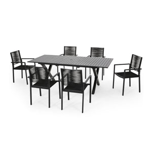 Noble House Taku Outdoor Modern 6 Seater Aluminum Dining Set with Expandable Table, Black and Dark Gray