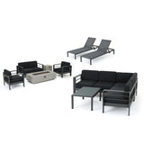 Cape Coral Outdoor Grey Aluminum 11 Piece Estate Patio Collection with Dark Grey Water Resistant Cushions and Light Grey Fire Table Noble House